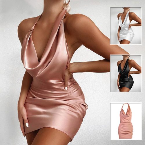 Satin Party Dress – V-Neck Backless Mini for Women