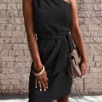 Women’s Cocktail Dress – Sleeveless Slanted Neckline & Tie