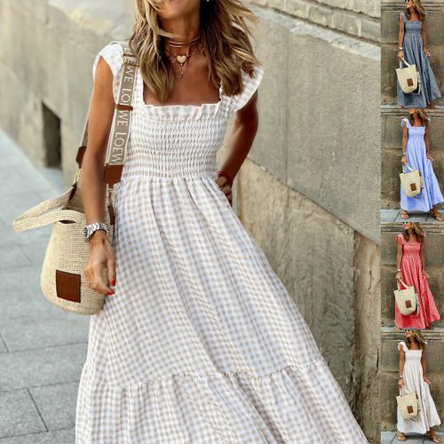 Summer Plaid Pleated Ruffle Dress