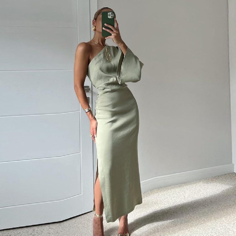 Silk Twill One-Shoulder Dress